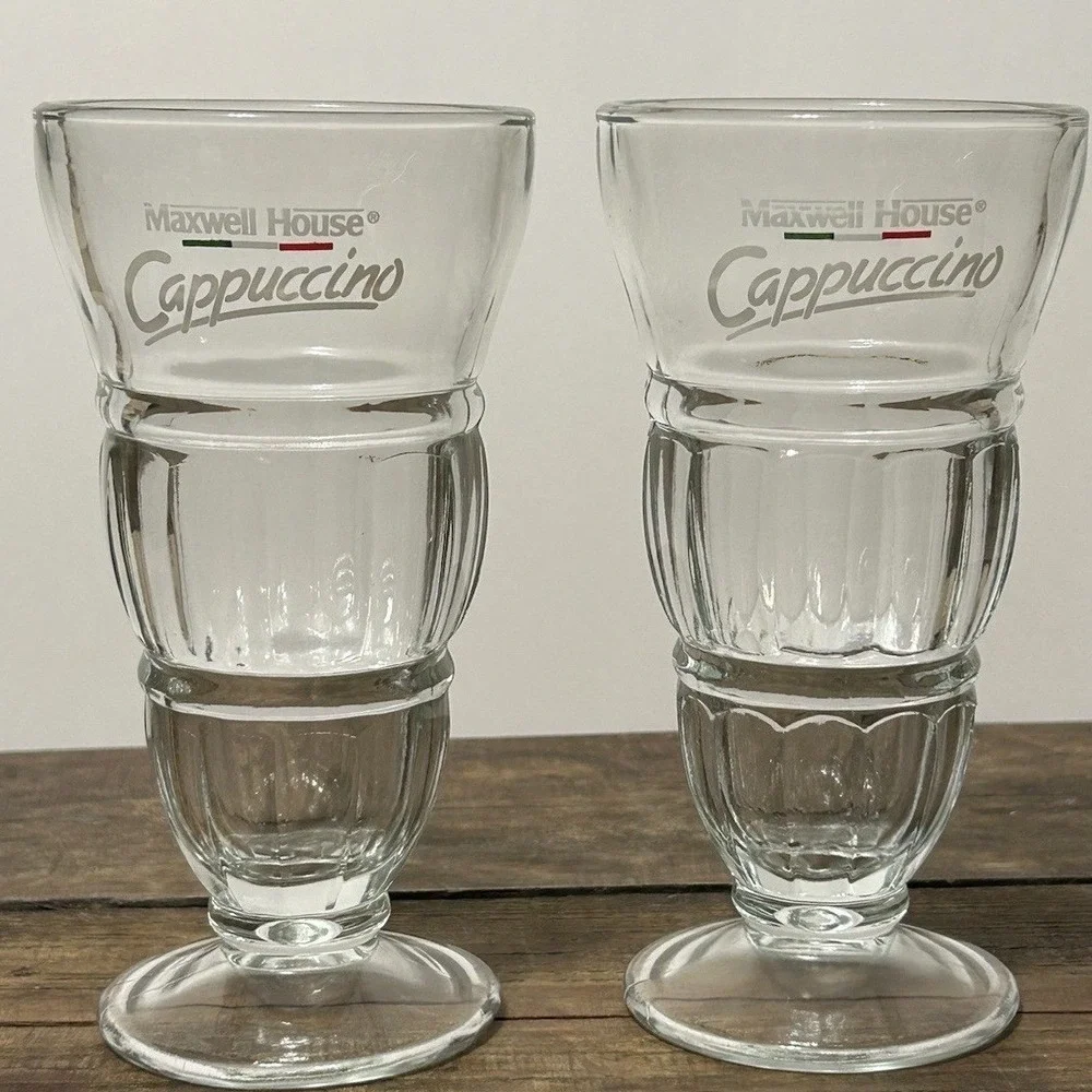 Maxwell House Cappuccino Glass Cups Clear Footed Dessert Ice Cream Sundae Set/2